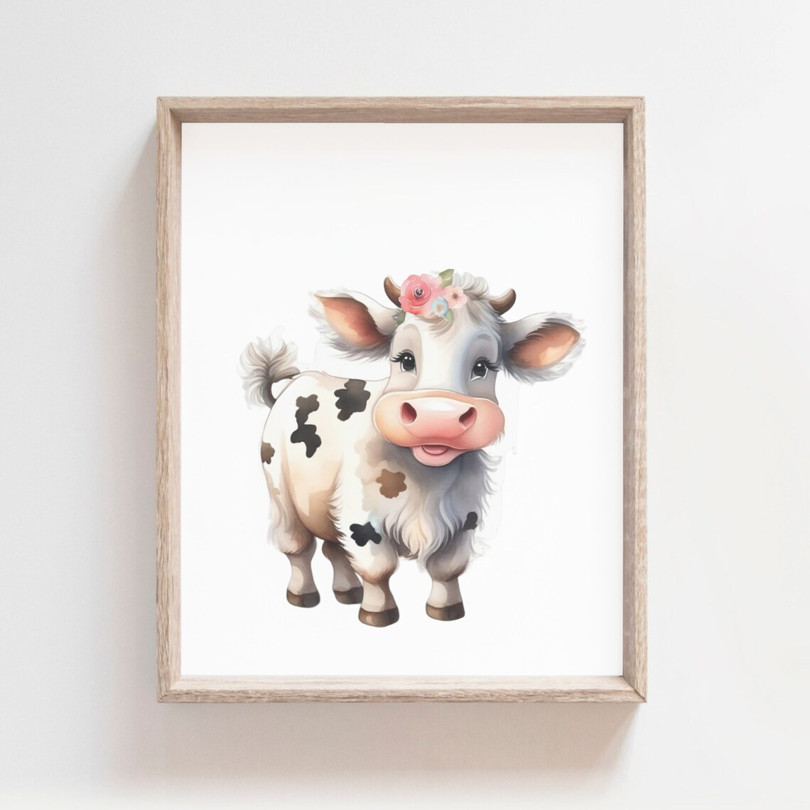Smiling Baby Cow Pink Flower Crown Watercolor Farm Nursery Poster