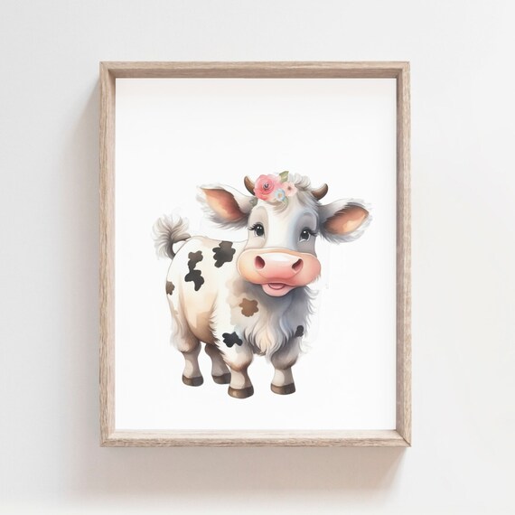 Smiling Baby Cow Pink Flower Crown Watercolor Farm Nursery Poster