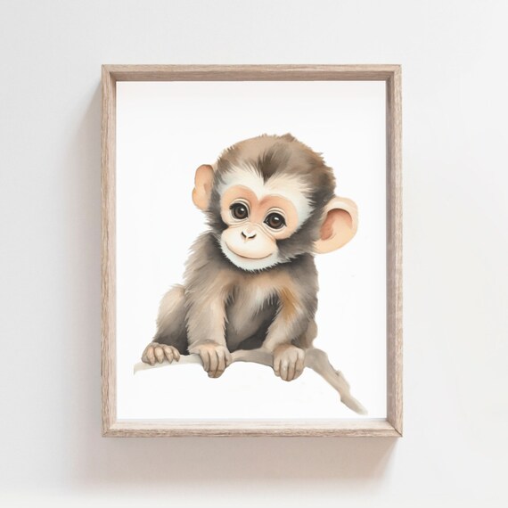 Baby Monkey Print Jungle Animal Wall Art Nursery Decor Cute Baby Chimpanze Watercolor Animal Print Kids Room Safari Decor