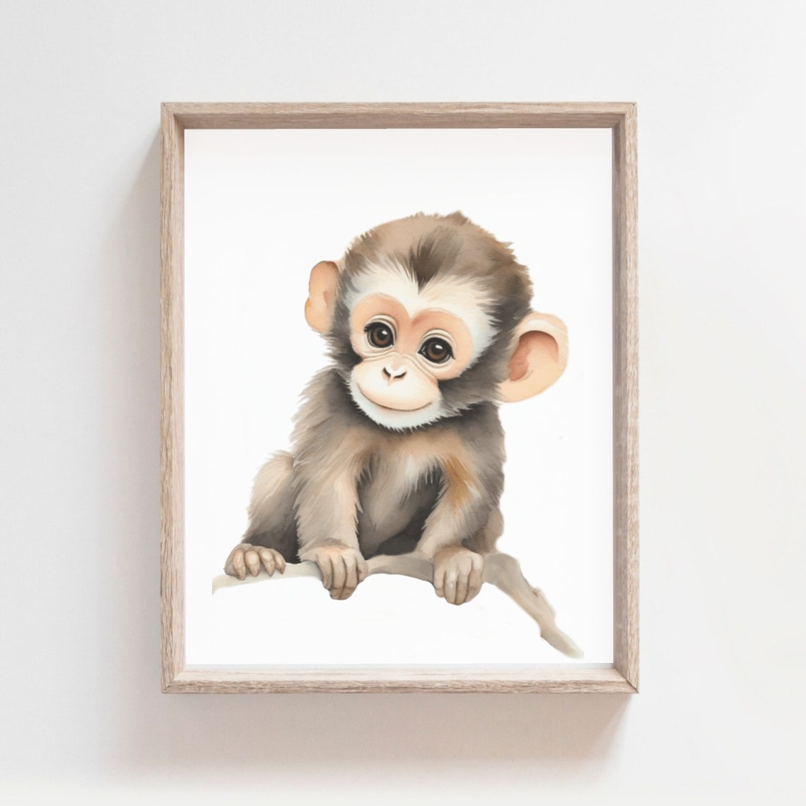 Adorable Baby Monkey Sitting On Branch Watercolor Art Poster
