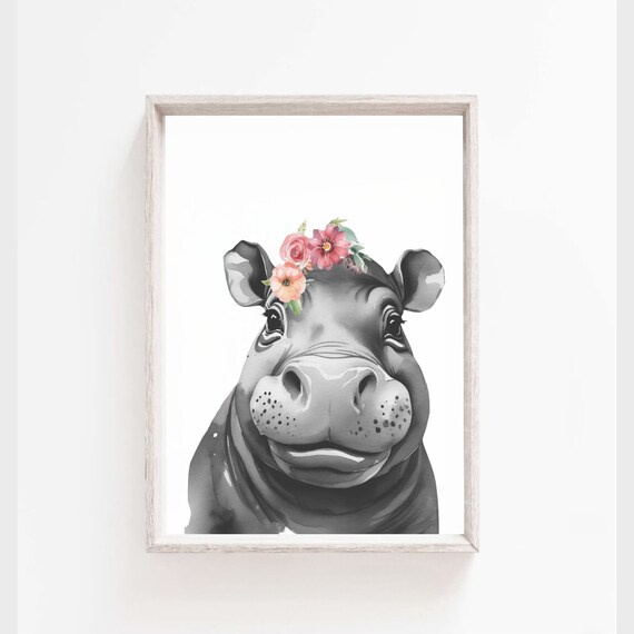 Baby Hippo Flower Crown Animals Nursey Print Floral Nursery Hippo Nursery Cute Hippo Animal Art Girls Wall Decor Black And White
