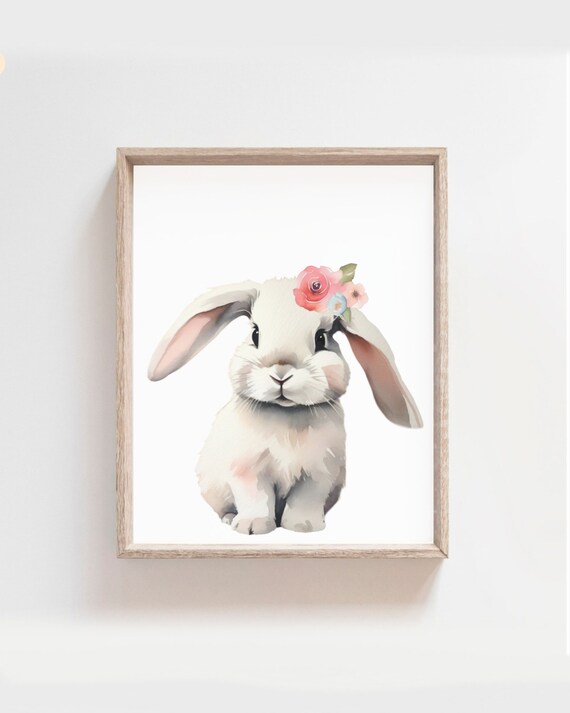 Cute Lop Bunny Rabbit Pink Flower Floppy Ears Watercolor Nursery Poster