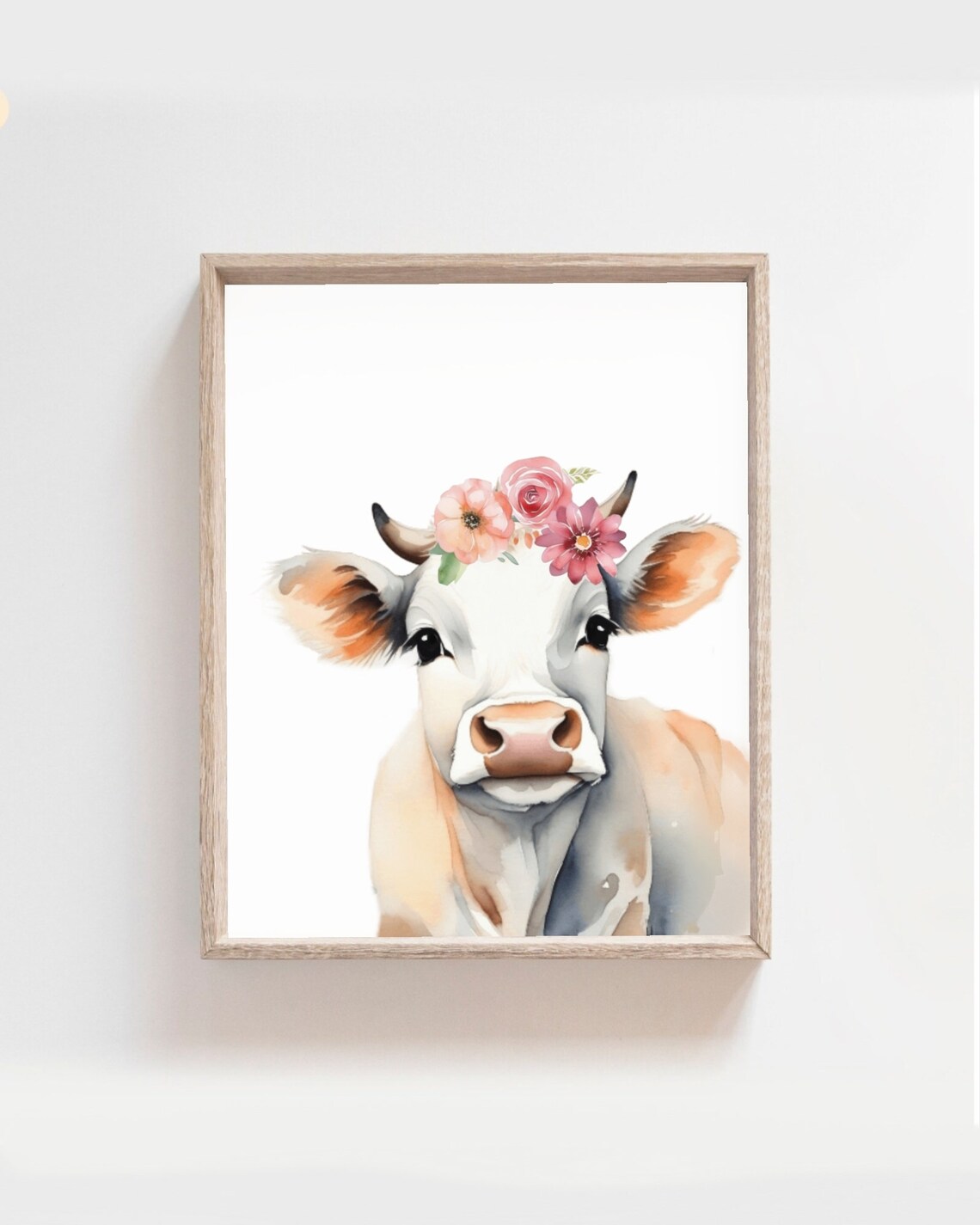 Cute Baby Cow Pink Flower Crown Watercolor Farm Nursery Poster