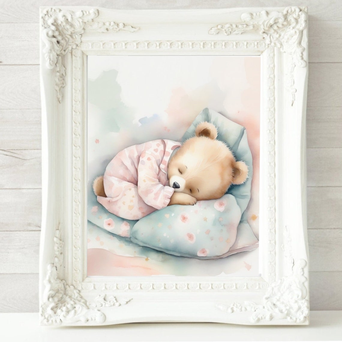 Sleeping Teddy Bear in Pajamas Watercolor Nursery Bedtime Poster - Image 2