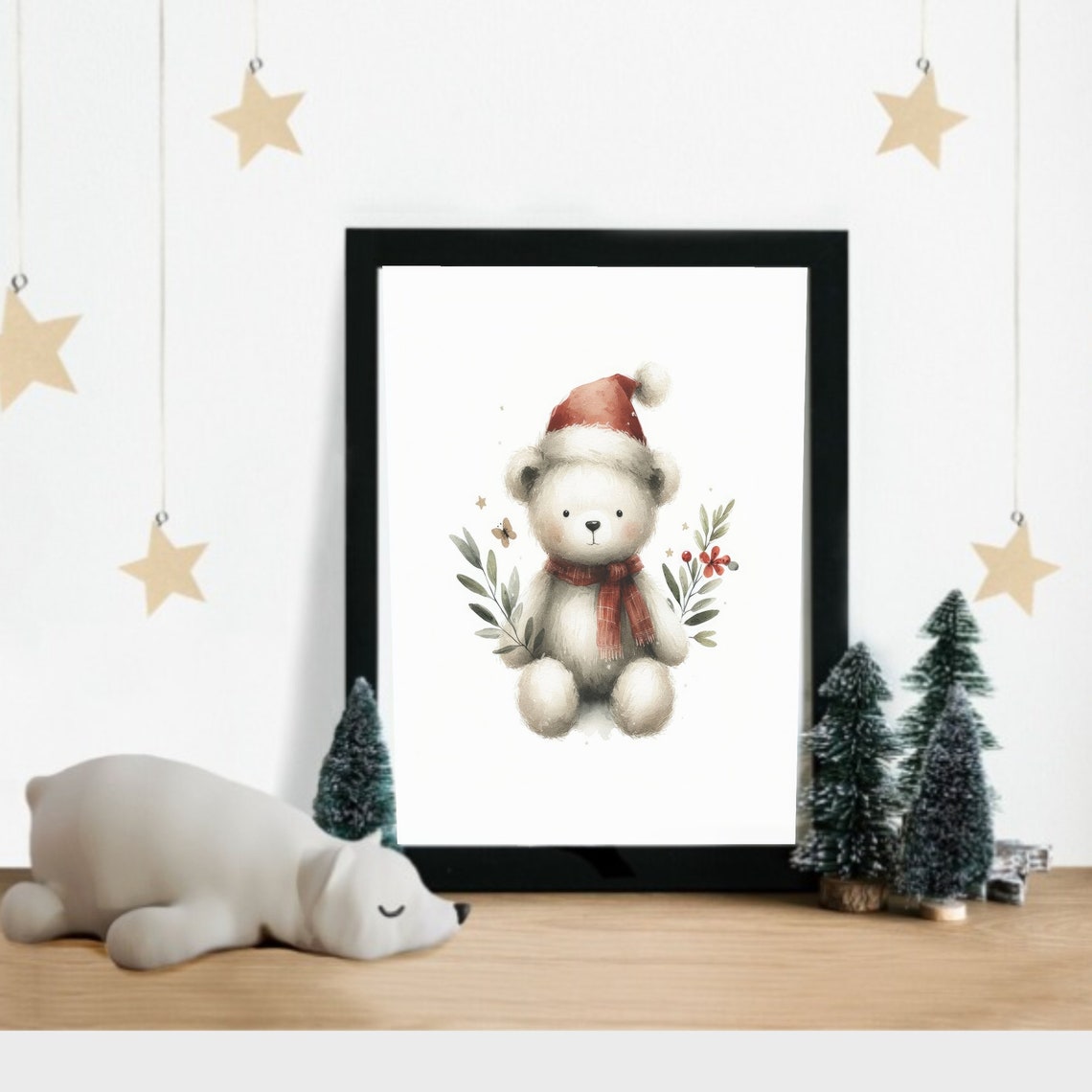 Fluffy Teddy Bear In Santa Hat With Winter Florals Holiday Poster - Image 2