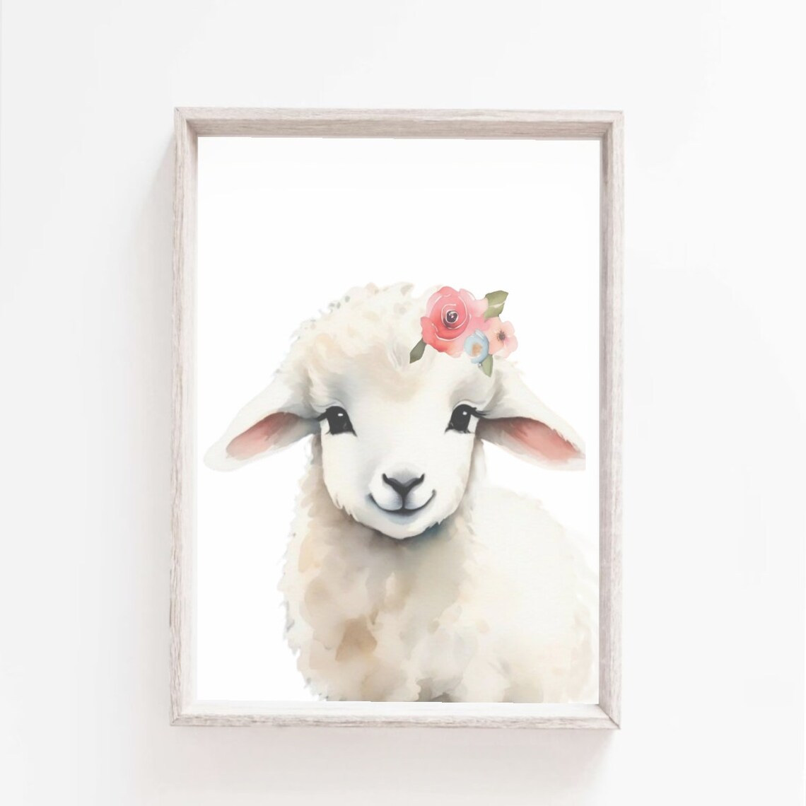 Smiling Baby Lamb Pink Flower Crown Cute Nursery Room Art Poster