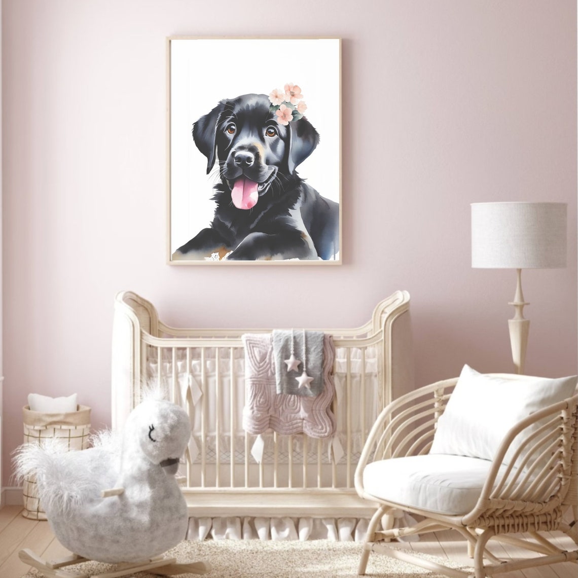 Black Labrador Puppy with Pink Flower Crown Girls Nursery Art Poster