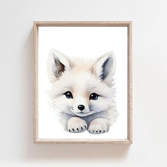 Sweet Baby White Fox Watercolor Nursery Poster Cute Woodland Animal Art