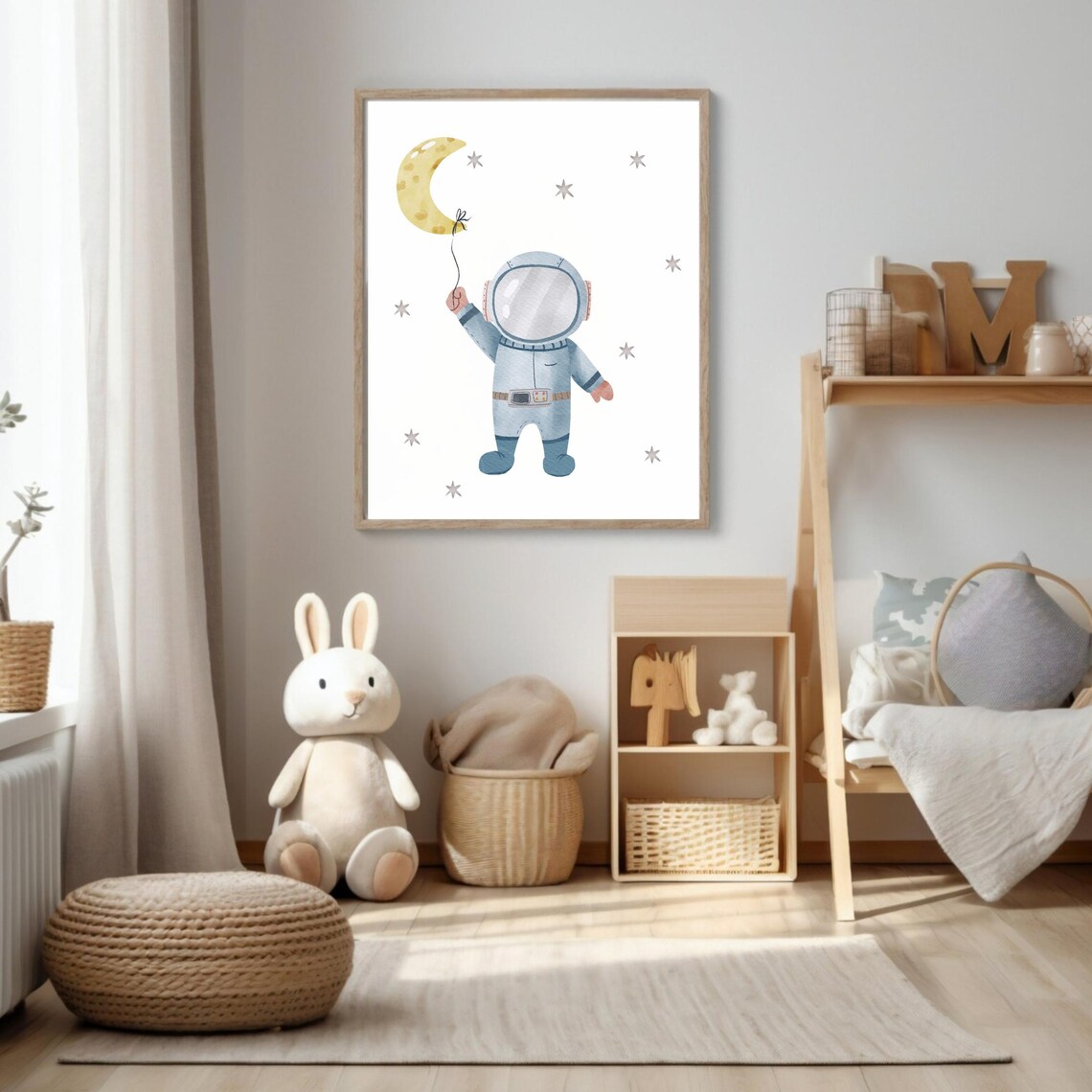 Astronaut Holding Moon Balloon Watercolor Outer Space Nursery Art Poster - Image 2