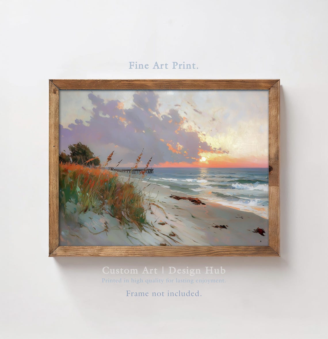 Beach Sunset Pier Oil Painting Dune Grass Seaside Ocean Art Poster
