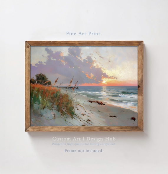 Beach Sunset Pier Oil Painting Dune Grass Seaside Ocean Art Poster