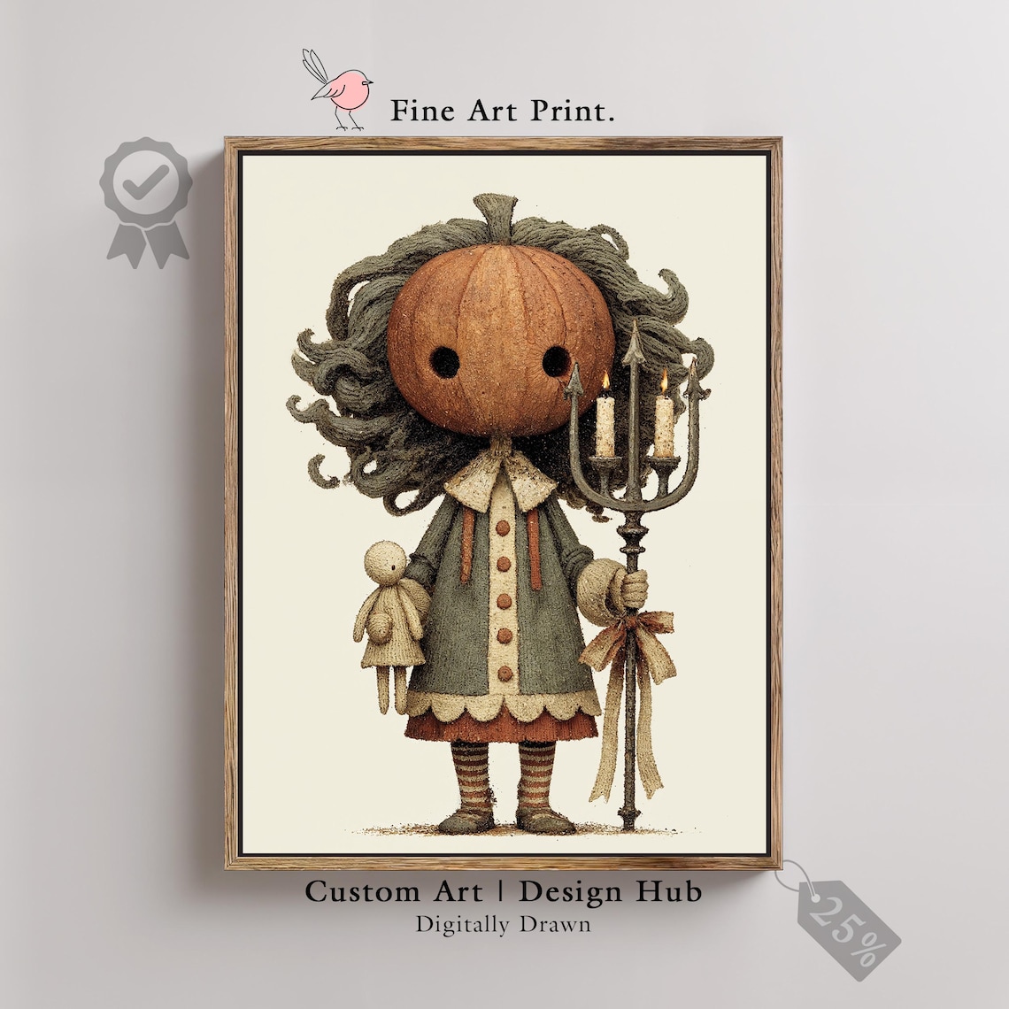 Pumpkin Head Girl Candelabra Whimsical Halloween Vintage Art Poster