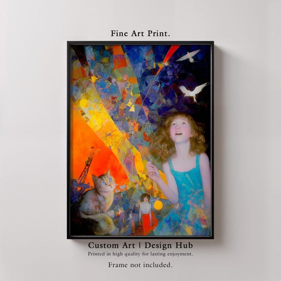 Girl Flying Kite Cat Birds Whimsical Fantasy Colorful Art Print