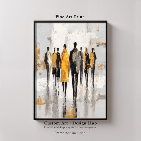 Abstract People Print Minimalist Yellow Gray Figures Contemporary Home Decor