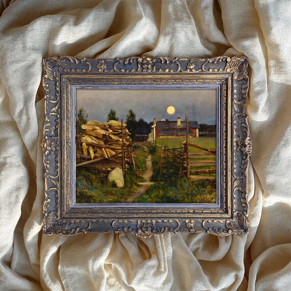 Moonlit Farmhouse and Woodpile Rural Night Landscape Painting Poster