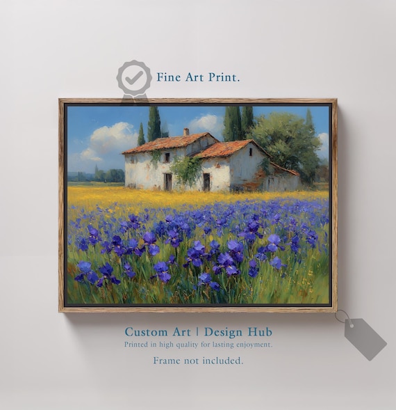 Purple Iris Field Rustic Farmhouse Cypress Impressionist Art Poster