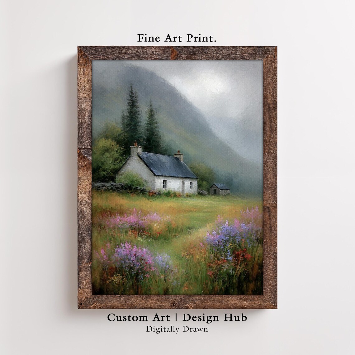 Country Cottage Landscape Poster Wildflower Meadow Rustic Painting