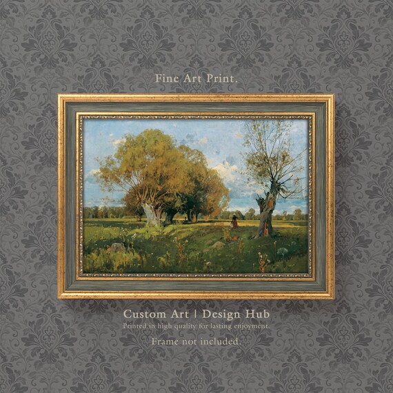Tranquil Willow Meadow Vintage Countryside Landscape Art Print