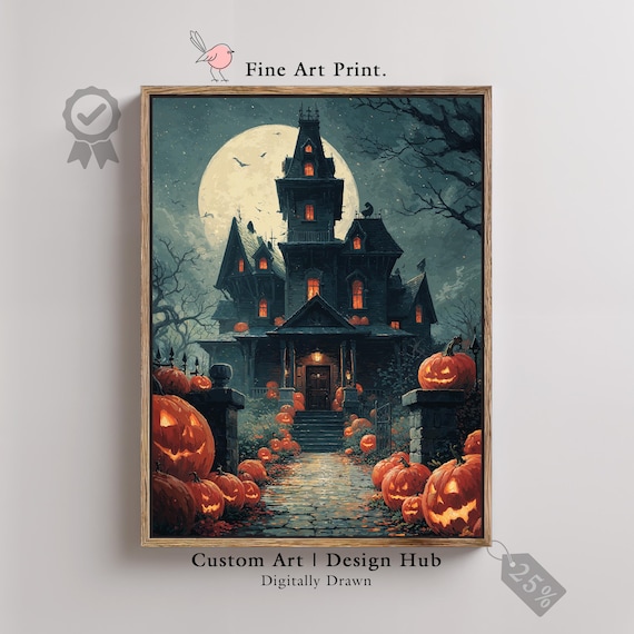 Haunted House Halloween Print Gothic Mansion Pumpkins