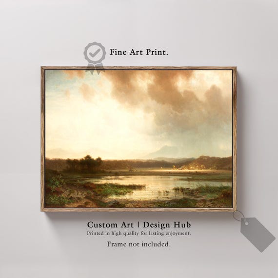 Golden Sky Lake Landscape Print Rustic Vintage Wall Art
