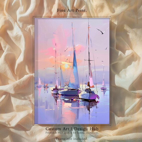 Pastel Sailboats Sunset Harbor Impressionist Seascape Art Poster