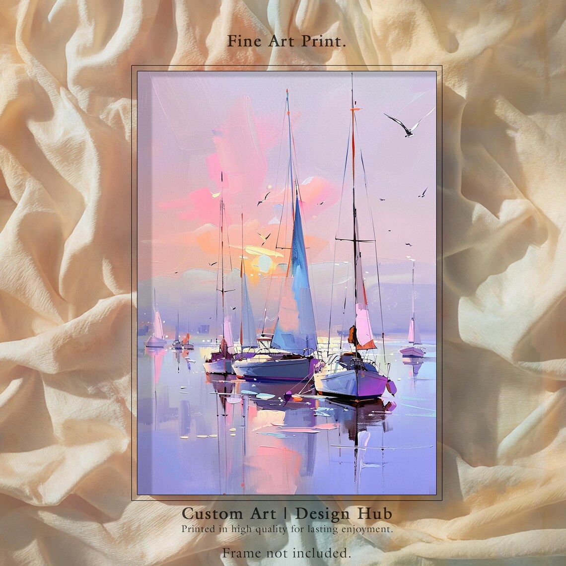 Pastel Sailboats Sunset Harbor Impressionist Seascape Art Poster