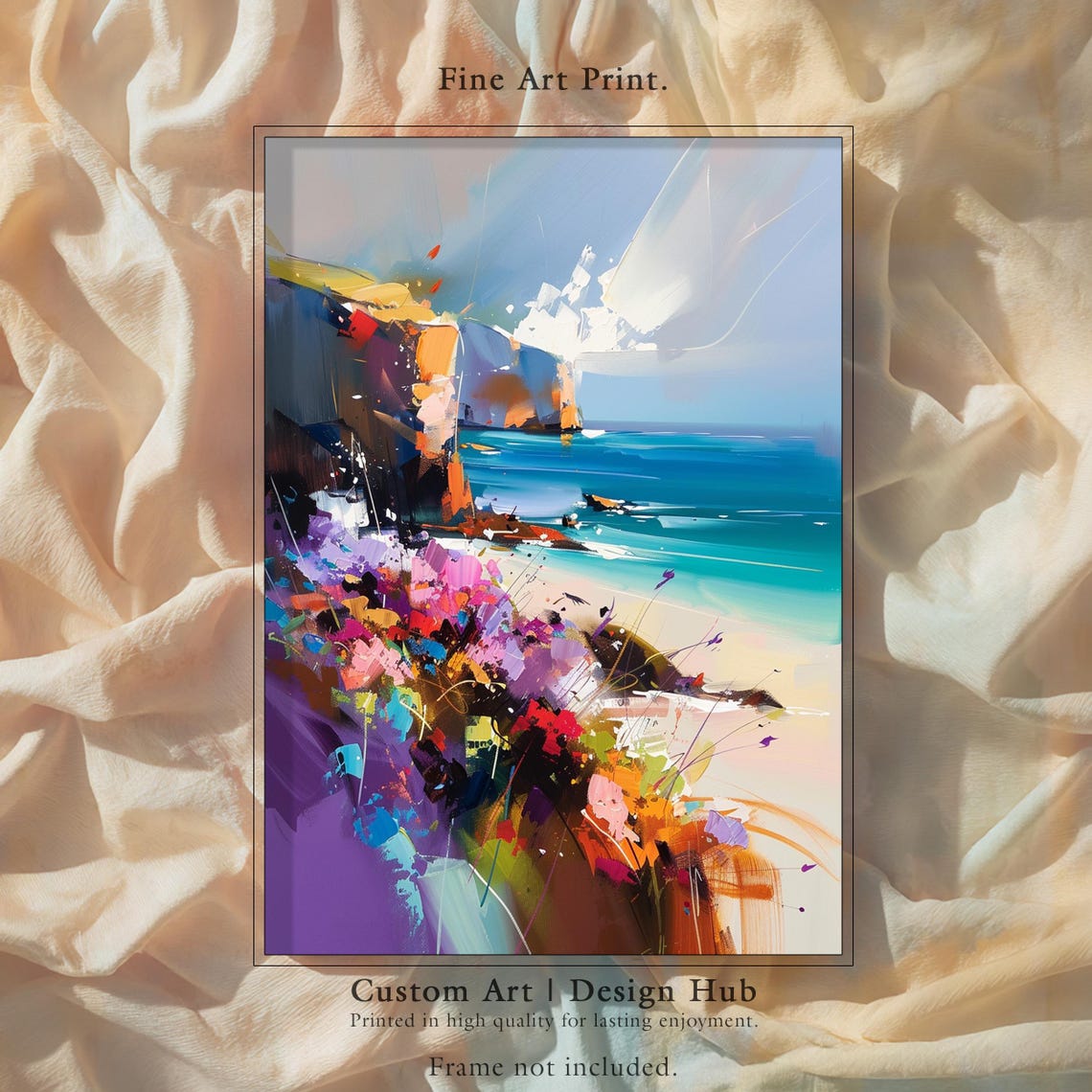 Colorful Coastal Cliffs Turquoise Sea Flower Abstract Art Poster