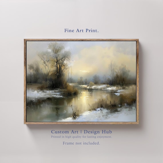 Snowy Winter River Landscape Golden Sunrise Reflection Print