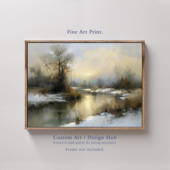 Winter River Landscape Art Print Snowy Forest Golden Sunset Reflection