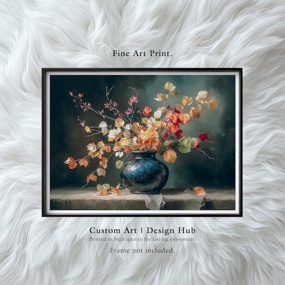 Autumn Leaves Still Life Print Moody Botanical Art In Blue Vase