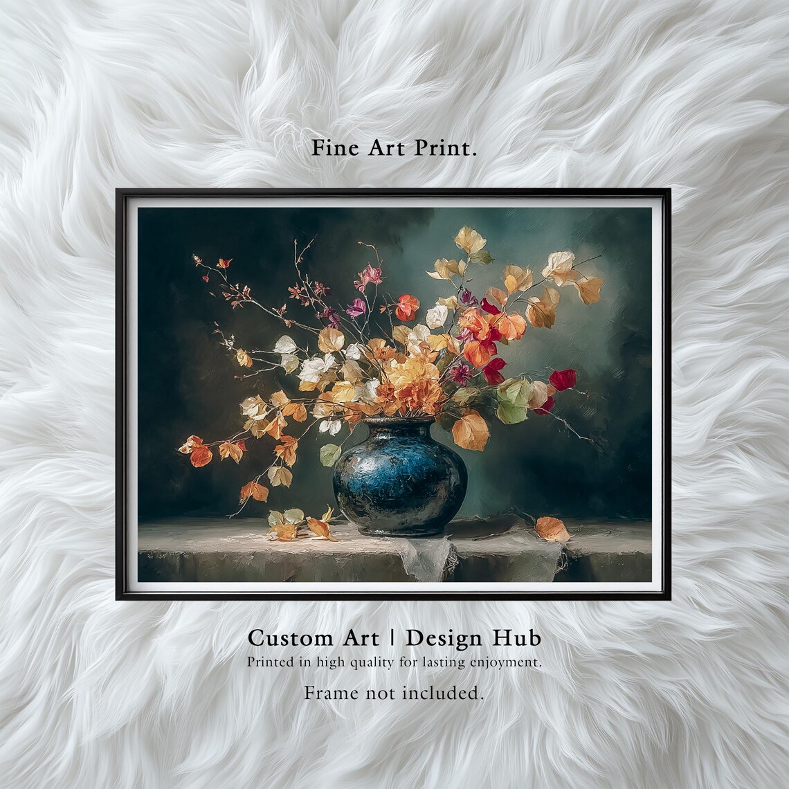 Autumn Leaves Still Life Print Moody Botanical Art In Blue Vase