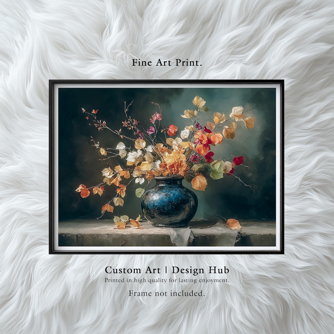 Colorful Autumn Leaves Blue Vase Moody Still Life Art Poster
