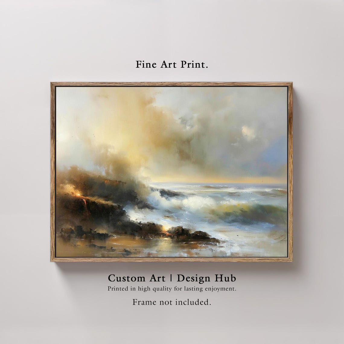 Stormy Ocean Waves Crashing Rocks Golden Light Seascape Print