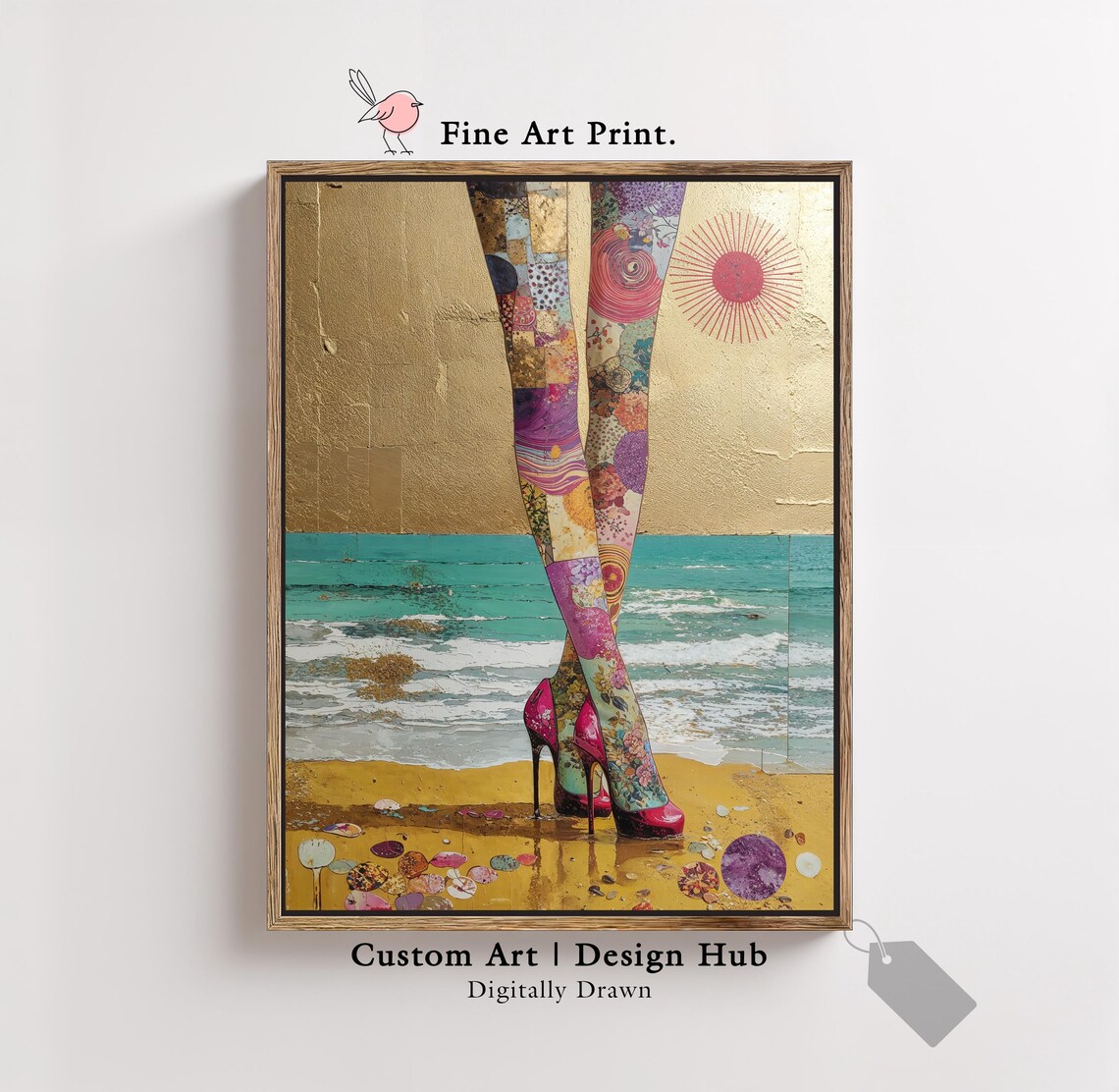 Whimsical Patchwork Flower Tights And Pink Heels On Golden Beach Print