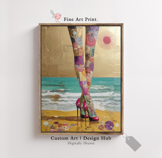 Whimsical Patchwork Flower Tights And Pink Heels On Golden Beach Print