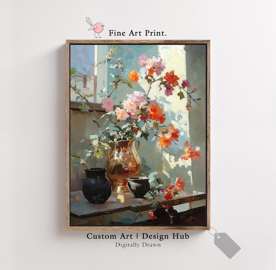 Floral Still Life Print Colorful Bouquet In Vase Painting Vintage Botanical Wall Art