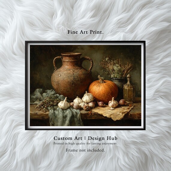 Rustic Autumn Kitchen Print Pumpkin Garlic Herbs Still Life