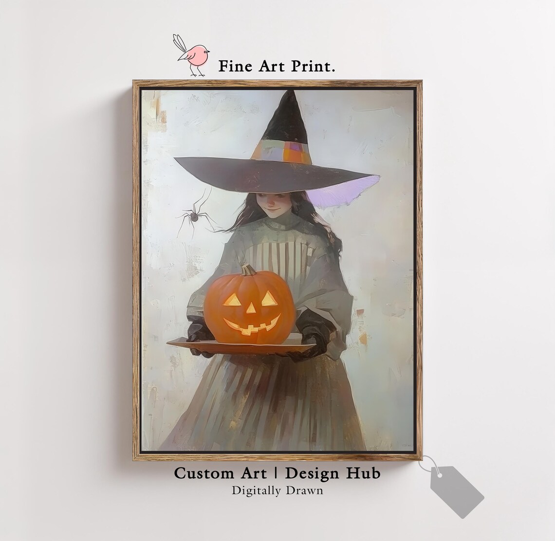 Halloween Witch Art Print Pumpkin Jackolantern Poster Spooky Autumn Wall Decor
