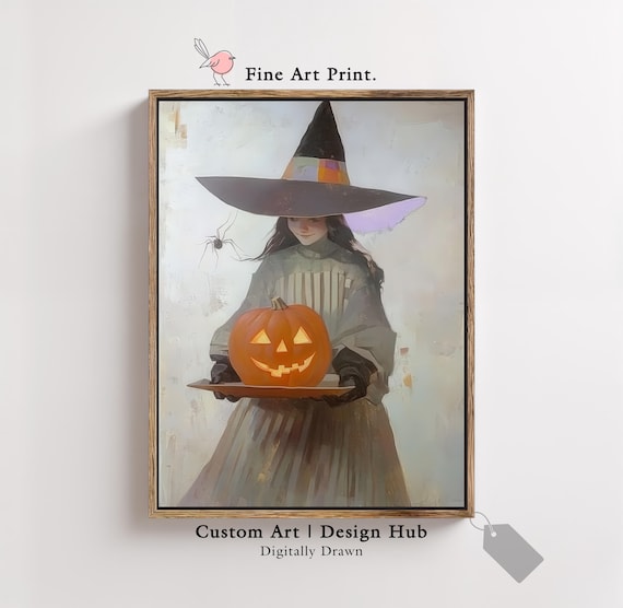Halloween Witch Art Print Pumpkin Jackolantern Poster Spooky Autumn Wall Decor