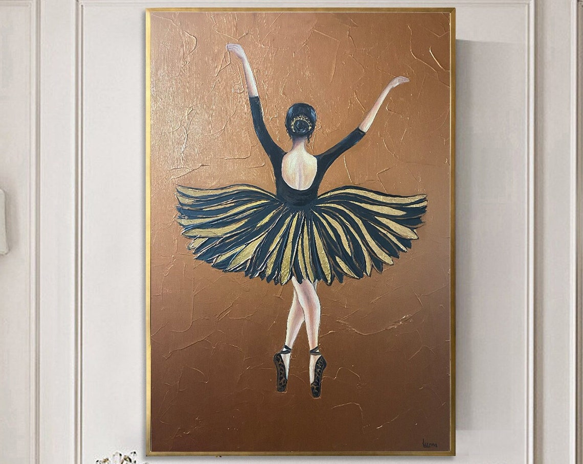Black Tutu Ballerina Dancer Gold Background Ballet Painting Print
