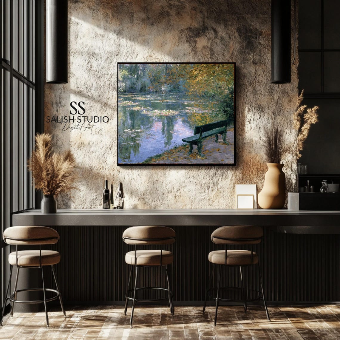 Green Park Bench by a Lily Pond Impressionist Garden Art Poster