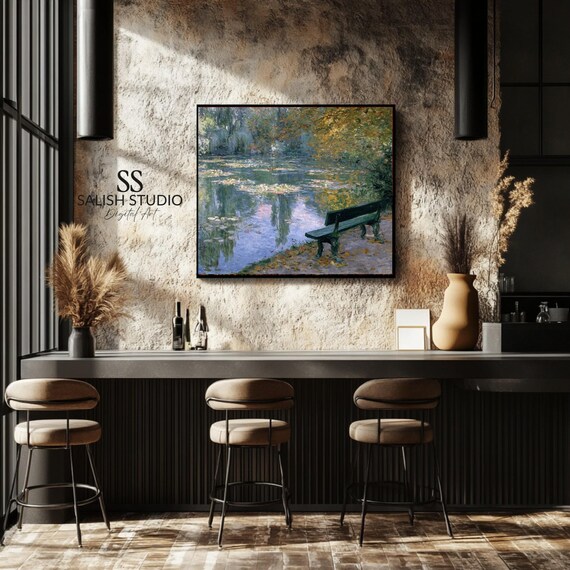 Green Park Bench by a Lily Pond Impressionist Garden Art Poster