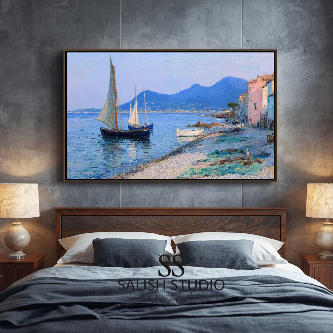Impressionist Pastel Sailboats Mediterranean Shore Calm Sea Art Print