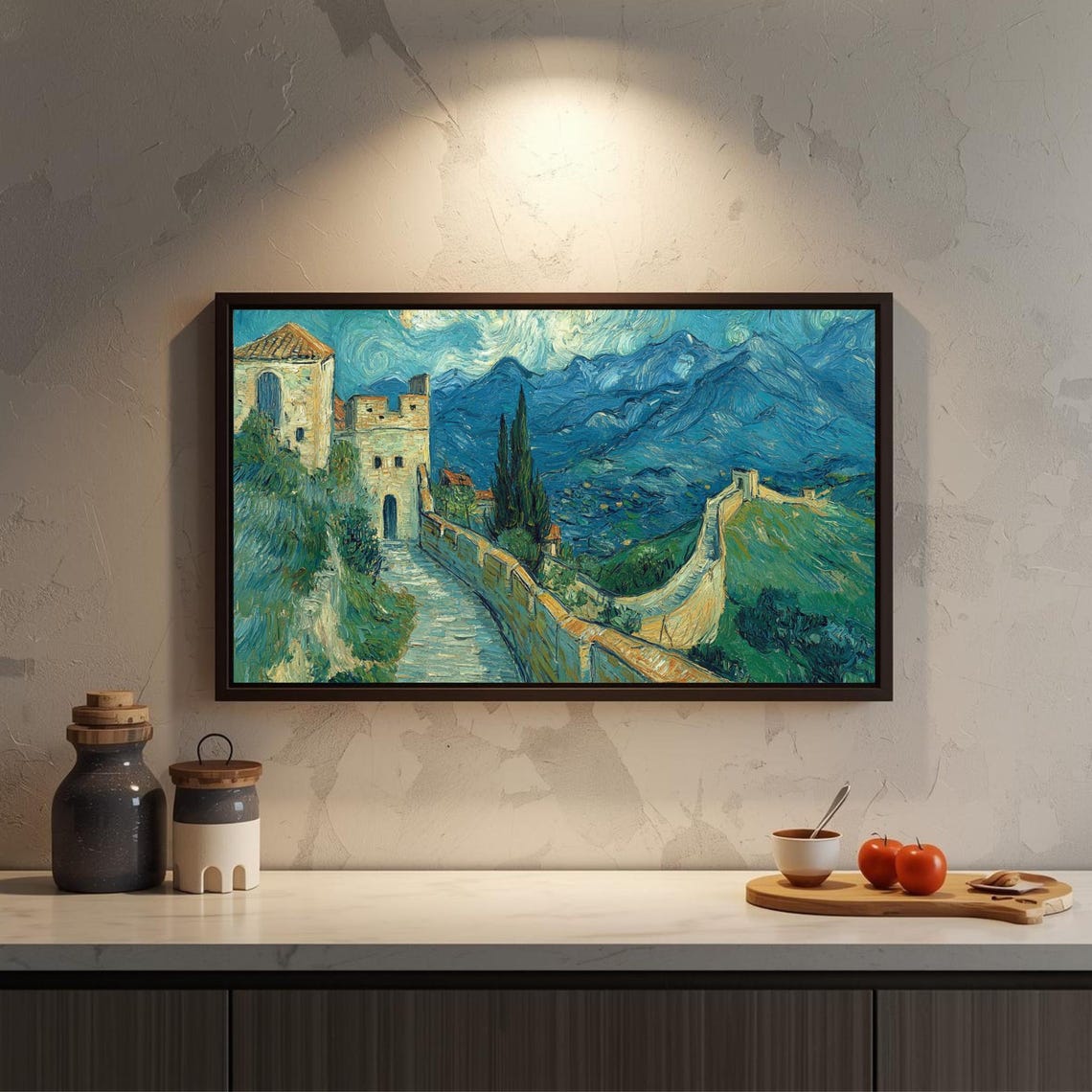 Starry Night Great Wall of China Mountains Impasto Art Poster