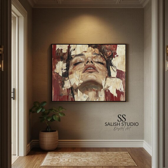 Moody Woman Portrait Textured Mixed Media Dramatic Burgundy Beauty Poster