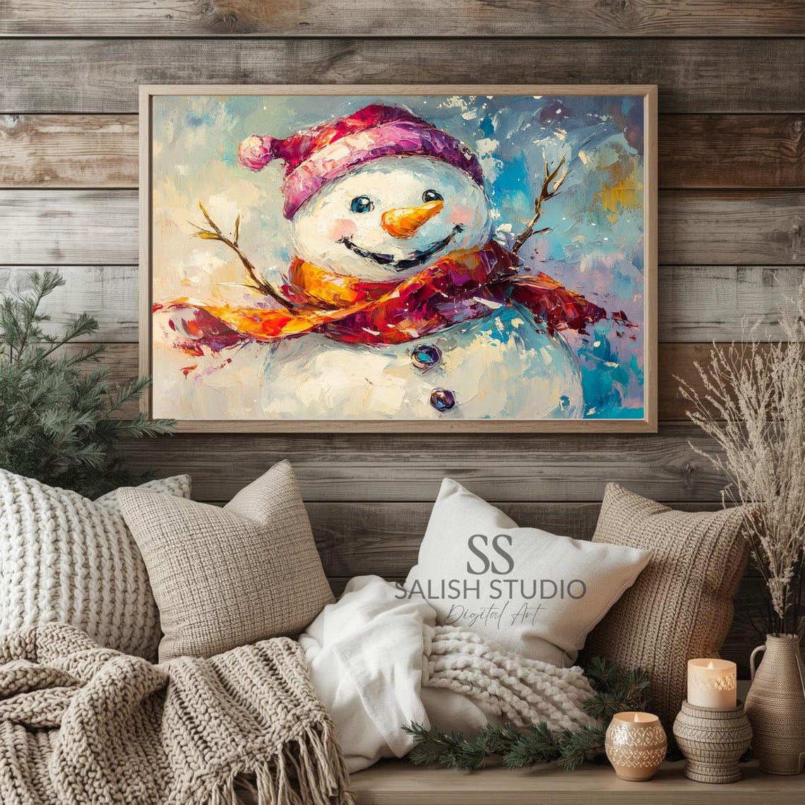 Cheerful Snowman Colorful Impressionist Winter Holiday Poster