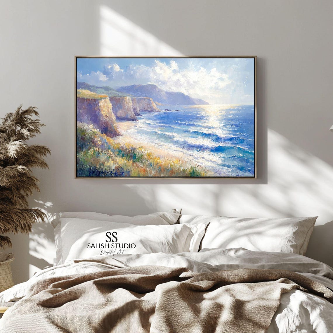 Rustic Coastal Cliff Seascape Painting Serene Blue Ocean Wave Poster
