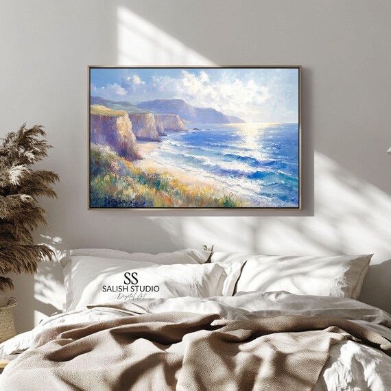 Rustic Coastal Cliff Seascape Painting Serene Blue Ocean Wave Poster