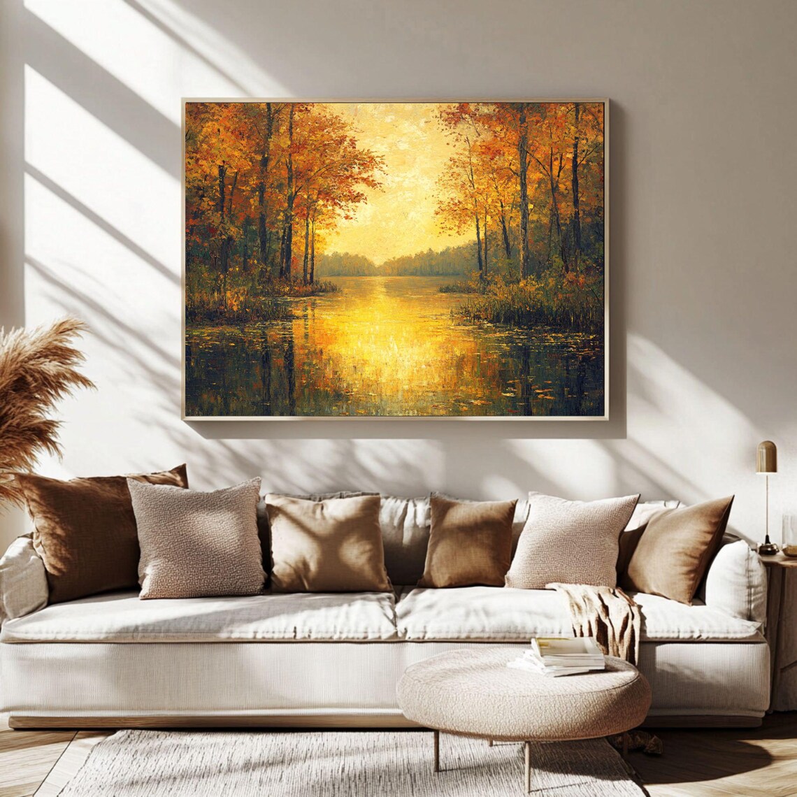 Sunlit Autumn River Impressionist Painting Cozy Fall Landscape Art Warm Golden Reflection Rustic Nature Scene 476