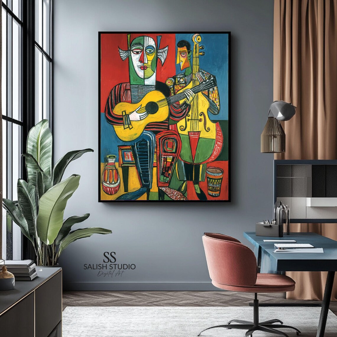 Cubist Jazz Musicians Guitar Cello Geometric Retro Art Print